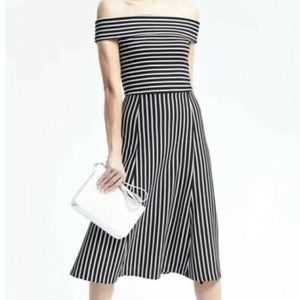 Banana Republic Womens midi ponte over the shoulders striped black white dress